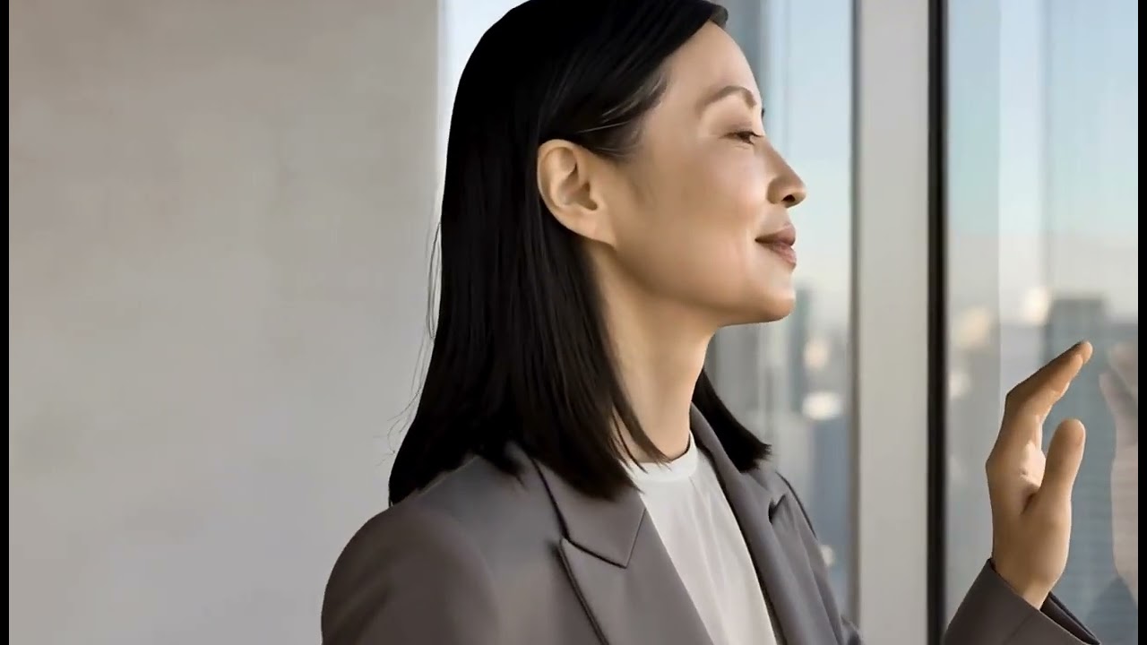 窓辺で未来を見つめるビジネスウーマン｜キャリア・成功・企業イメージ動画素材